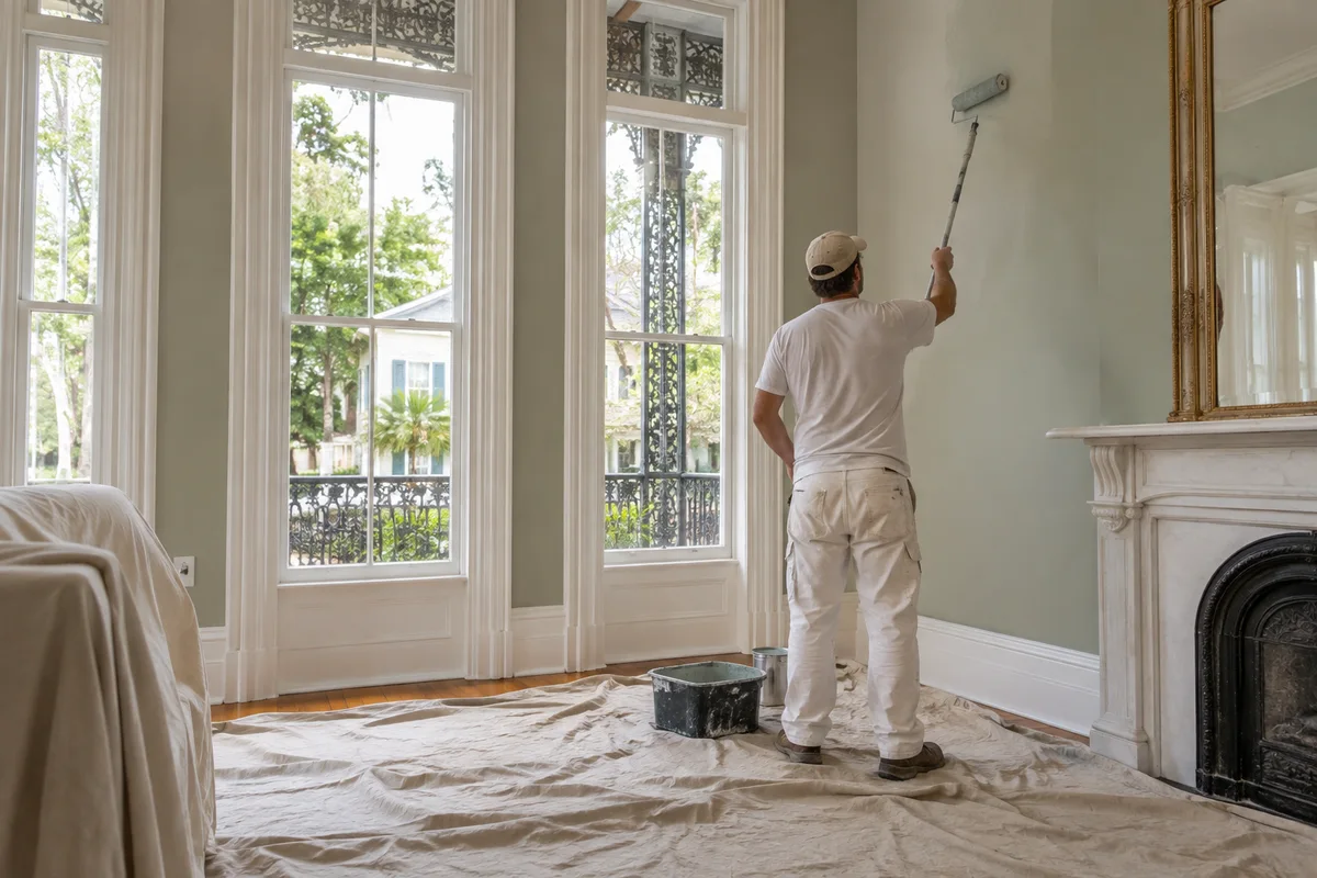 Illustrative painter working inside a home